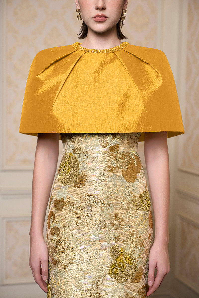 Round Neck Column Gown With Mini Cape In Dark Gold Floral Metallic Jacquard & Taffeta