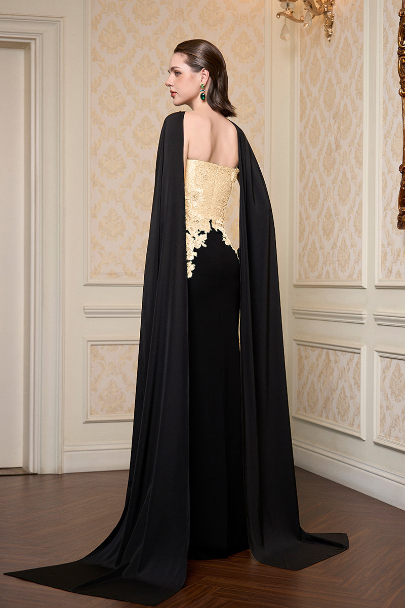 Strapless Column Gown With Long Cape In Beige French Lace & Black Crepe