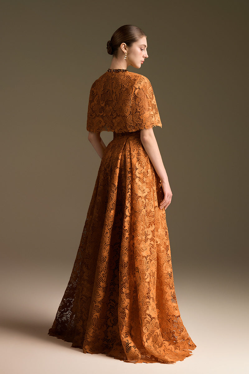 Bustier A-Line Gown With Mini Cape In Guipuire Lace