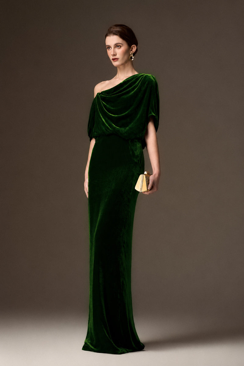 Asymmetric One Shoulder Column Gown With Draped Details In Green Velvet