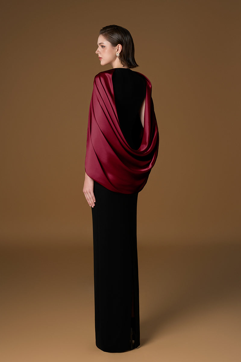 Round Neck Column Gown With Cape Sleeves In Black Crepe & Dark Red Silk