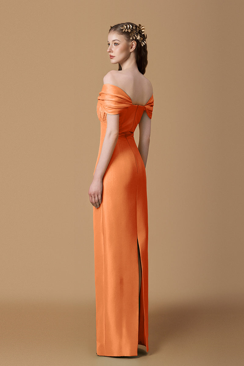 Bustier Column Gown With Draped Off-Shoulder Details In Taffeta