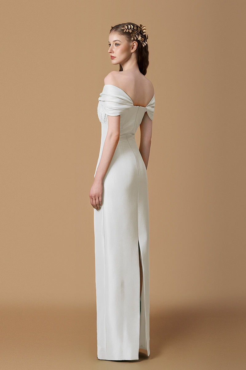 Bustier Column Gown With Draped Off-Shoulder Details In Taffeta