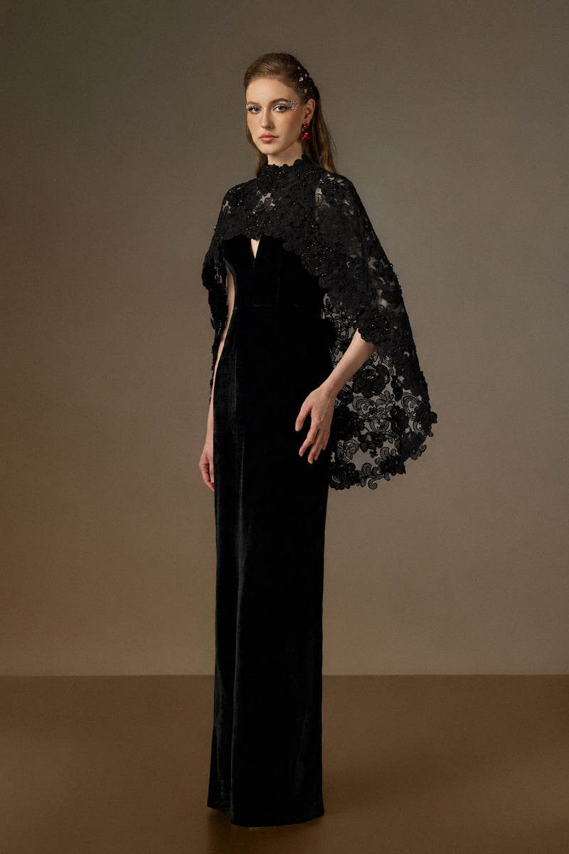V Neck Column Gown With Mullet Cape In Black Velvet An Black Floral Garden Mesh Lace