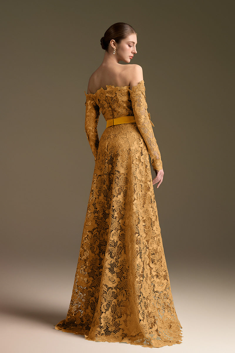 Long Sleeves Off-Shoulder A-Line Gown