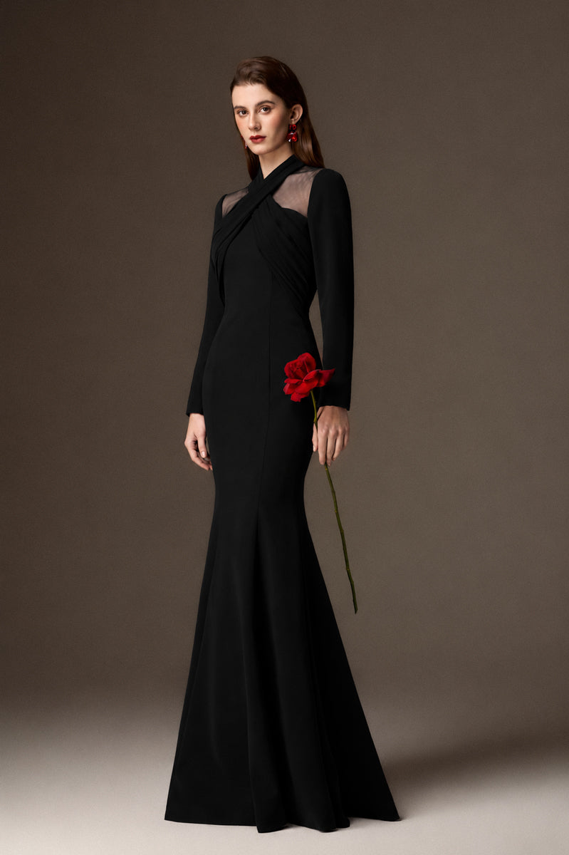 Round Neck Mermaid Gown With Draped Details In Black Crepe