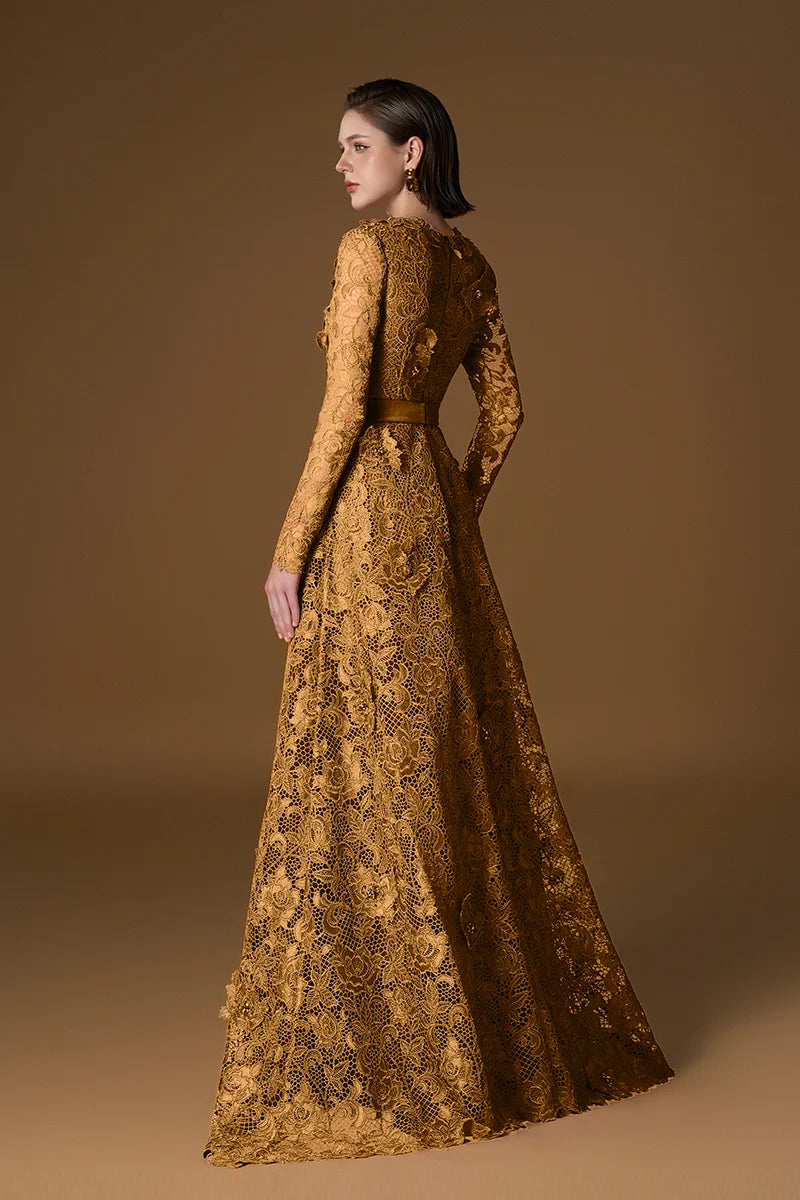 Trapeze Neck A-line Gown With Long Sleeves In Dark Gold Guipure Lace