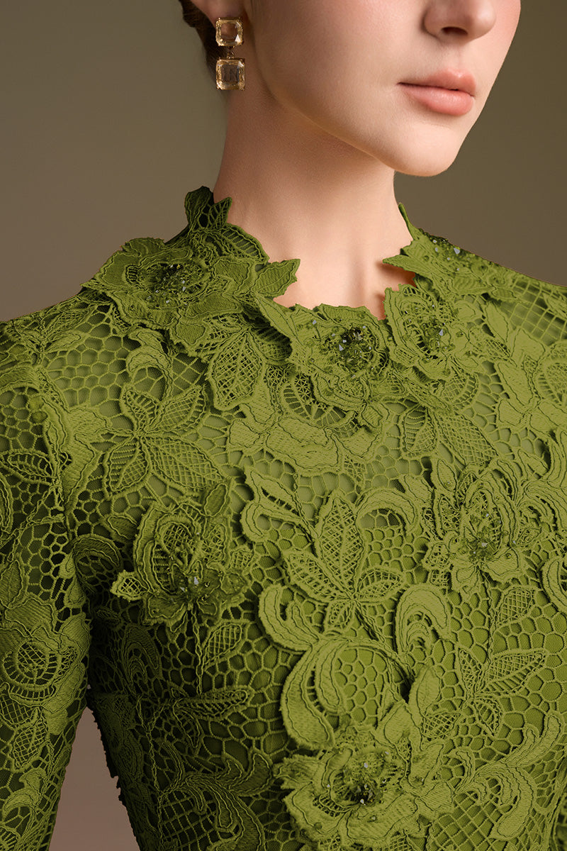 Round Neck Mermaid Gown With Long Sleeves In Green Guipure Lace