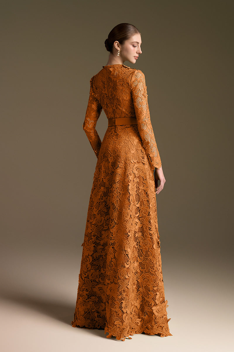 Trapeze Neck A-line Gown With Long Sleeves In Guipure Lace