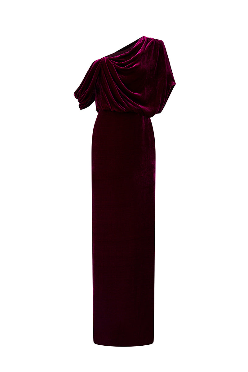 Asymmetric One Shoulder Column Gown With Draped Details In Dark Pink Velvet