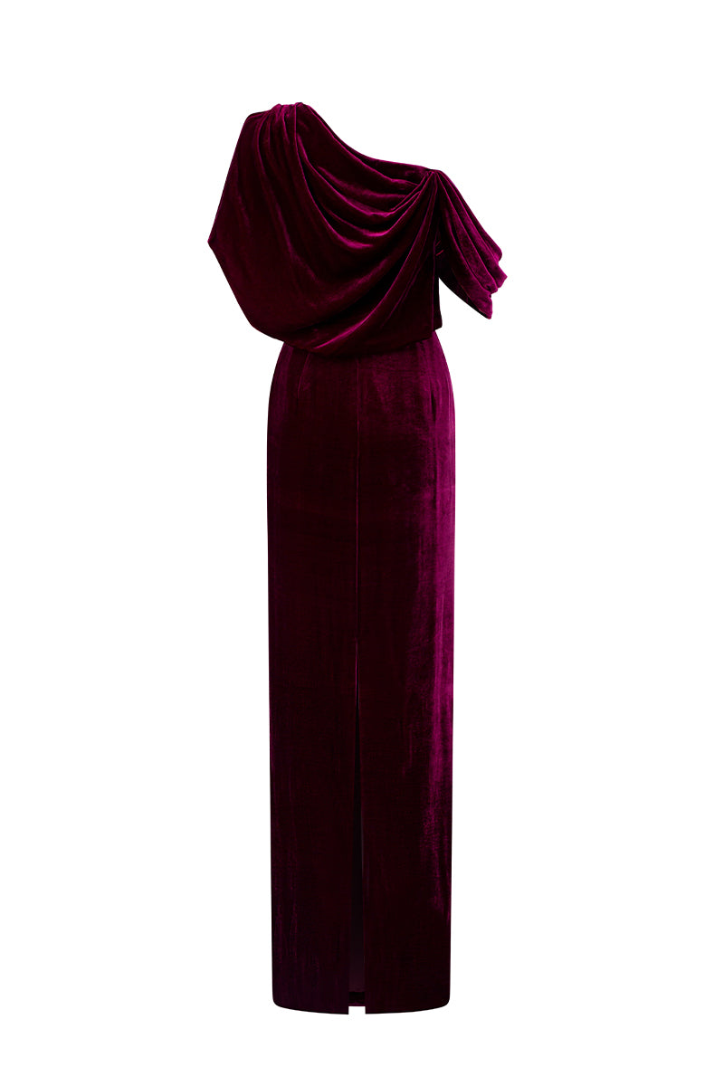 Asymmetric One Shoulder Column Gown With Draped Details In Dark Pink Velvet