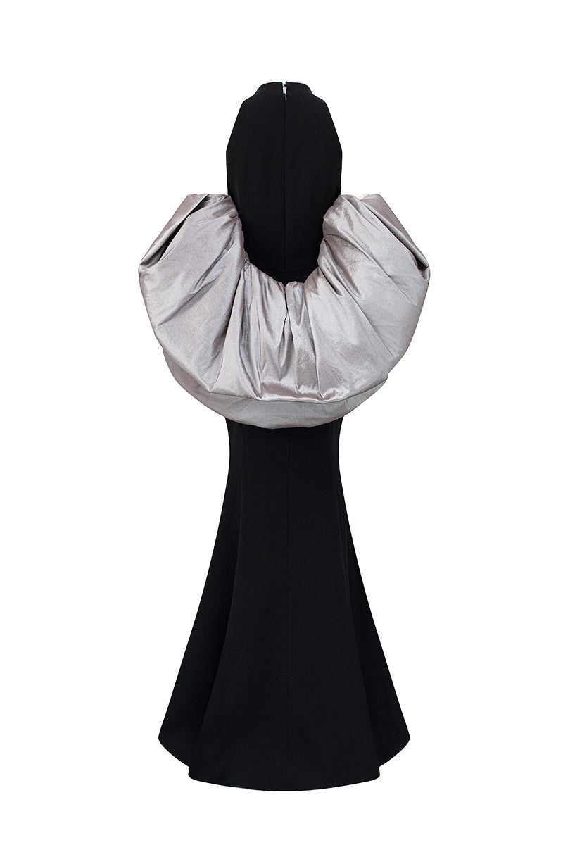 Round Neck Mermaid Gown With Draped Back Train In Black Crepe And Grey Taffeta