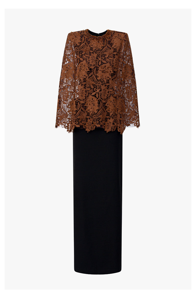 Round Neck Column Gown With Cape In Black Crepe And Cocoa Brown Lily Floral Lace