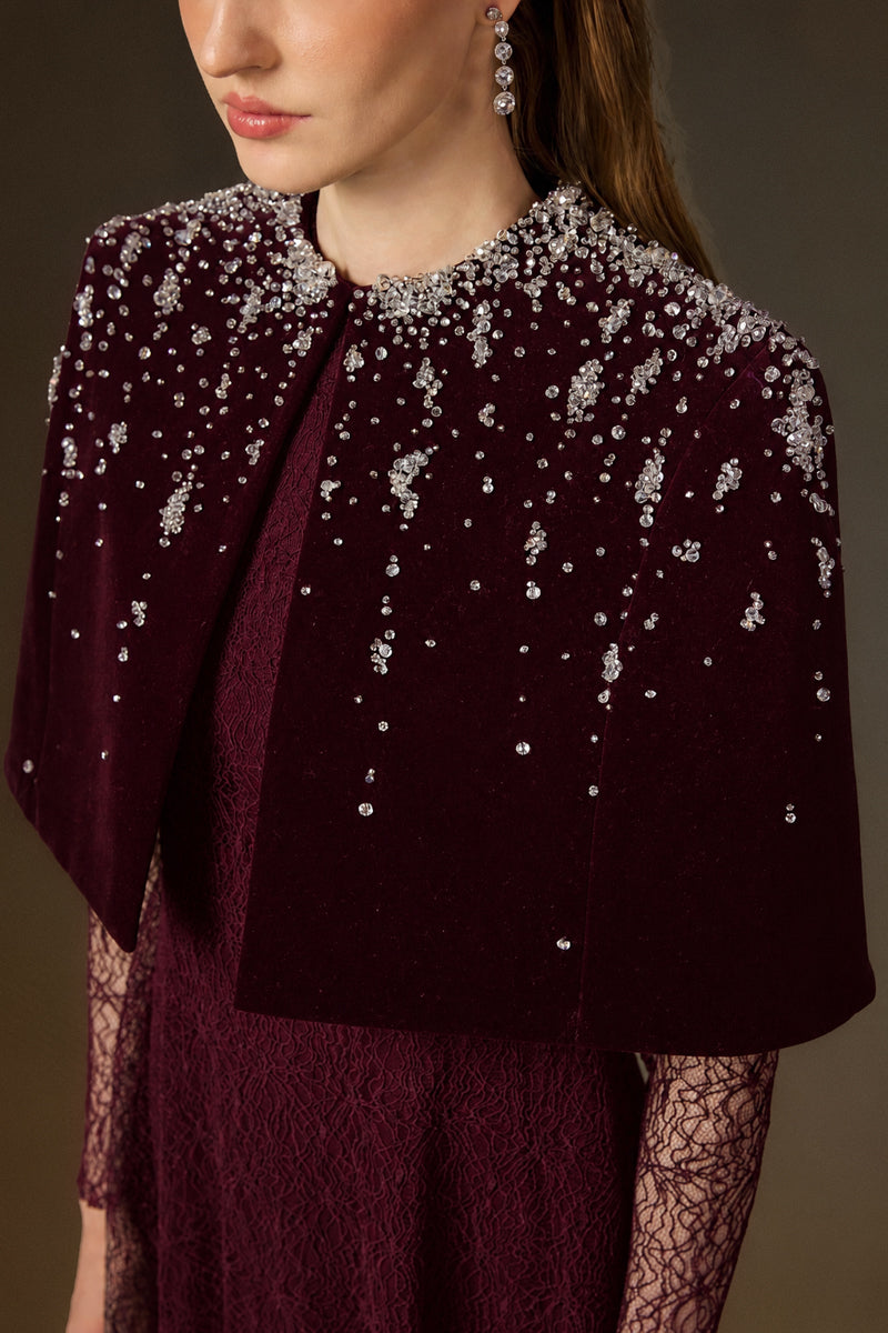 Round Neck A-Line Gown With Mini Cape In Dark Red Vine Guipure Lace & Lyon Velvet