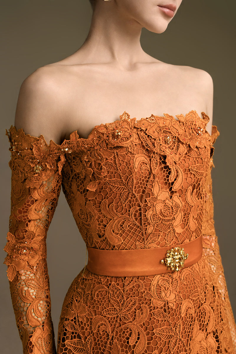 Orange Long Sleeves Off-Shoulder A-Line Gown