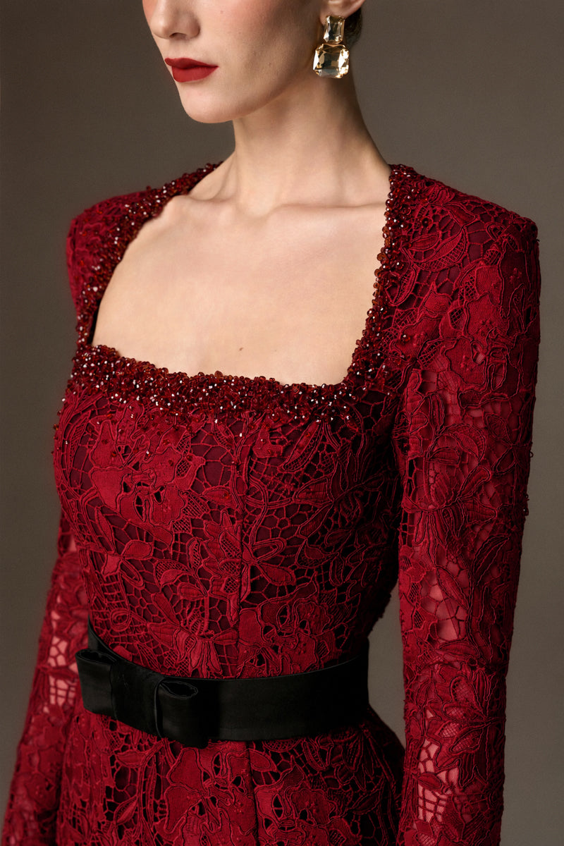 Trapeze Neck Mermaid Gown With Waist Belt In Cocoa Dark Red Lily Floral Lace