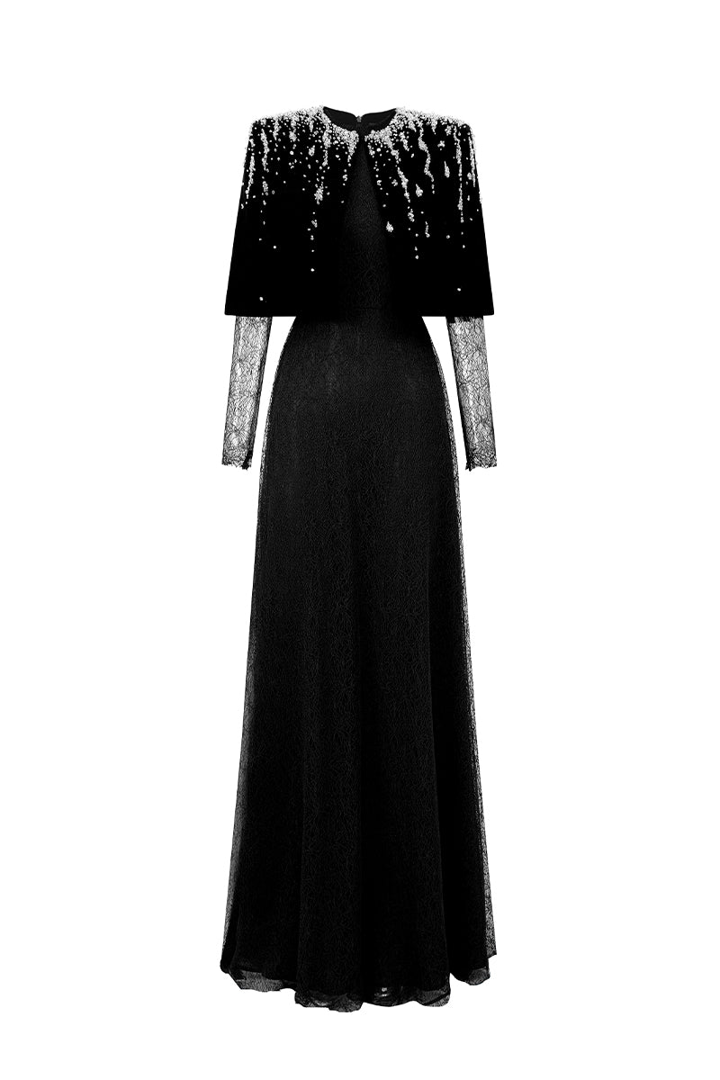 Round Neck A-Line Gown With Mini Cape In Black Vine Guipure Lace & Lyon Velvet