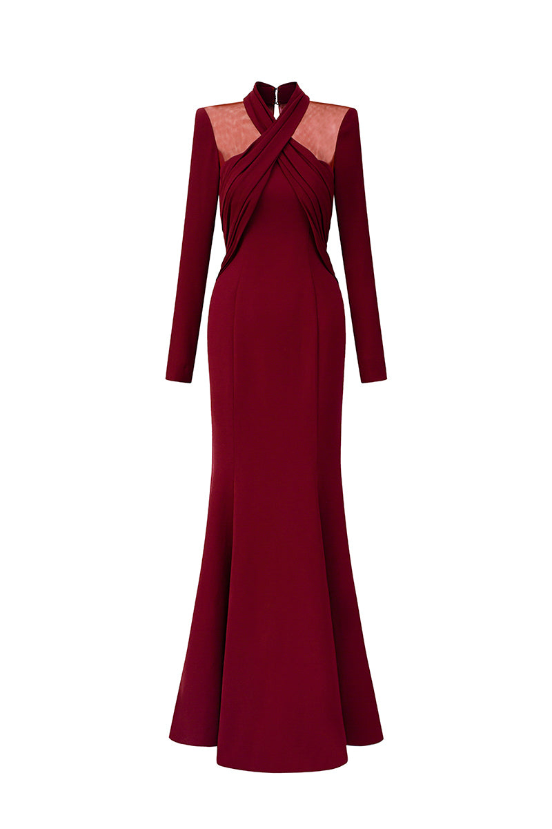 Round Neck Mermaid Gown With Draped Details In Burgundy Crepe
