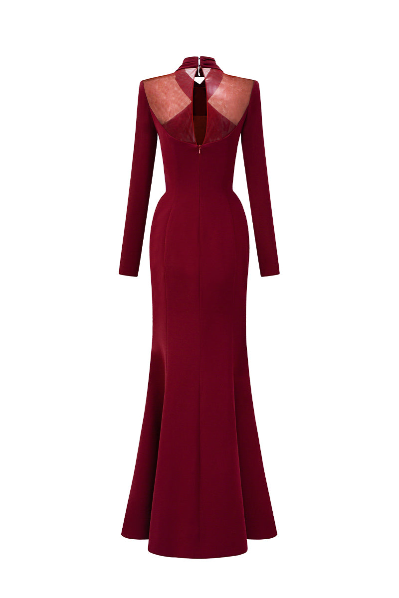 Round Neck Mermaid Gown With Draped Details In Burgundy Crepe