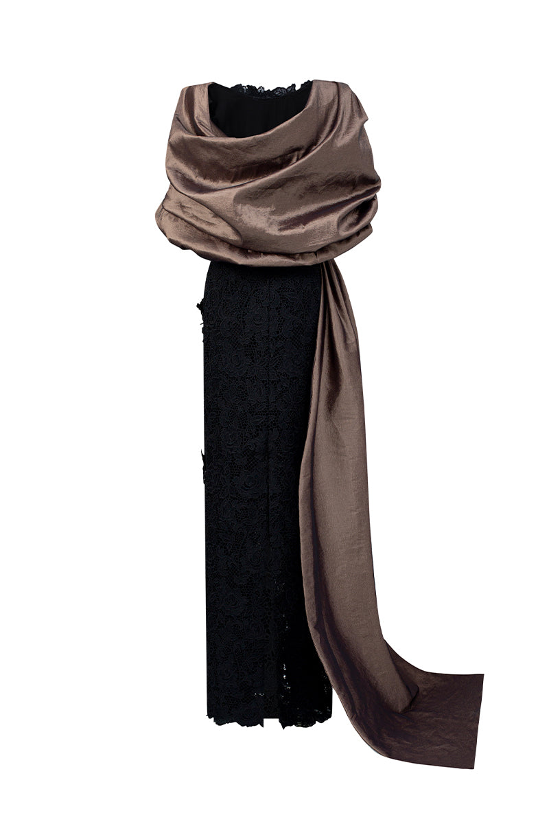 Round Neck And Draped Sleeves Column Dress In Guipure Lace