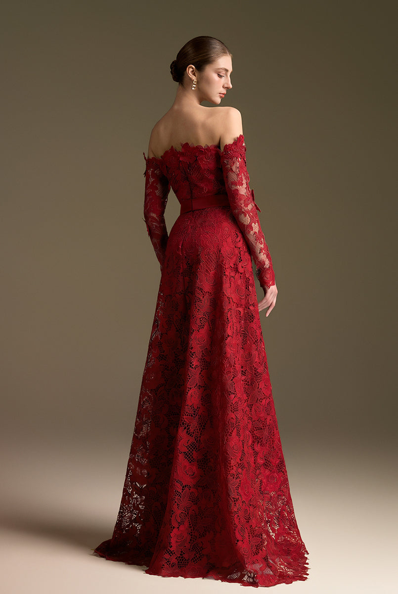 Red Long Sleeves Off-Shoulder A-Line Gown