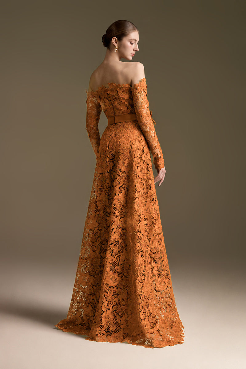 Orange Long Sleeves Off-Shoulder A-Line Gown