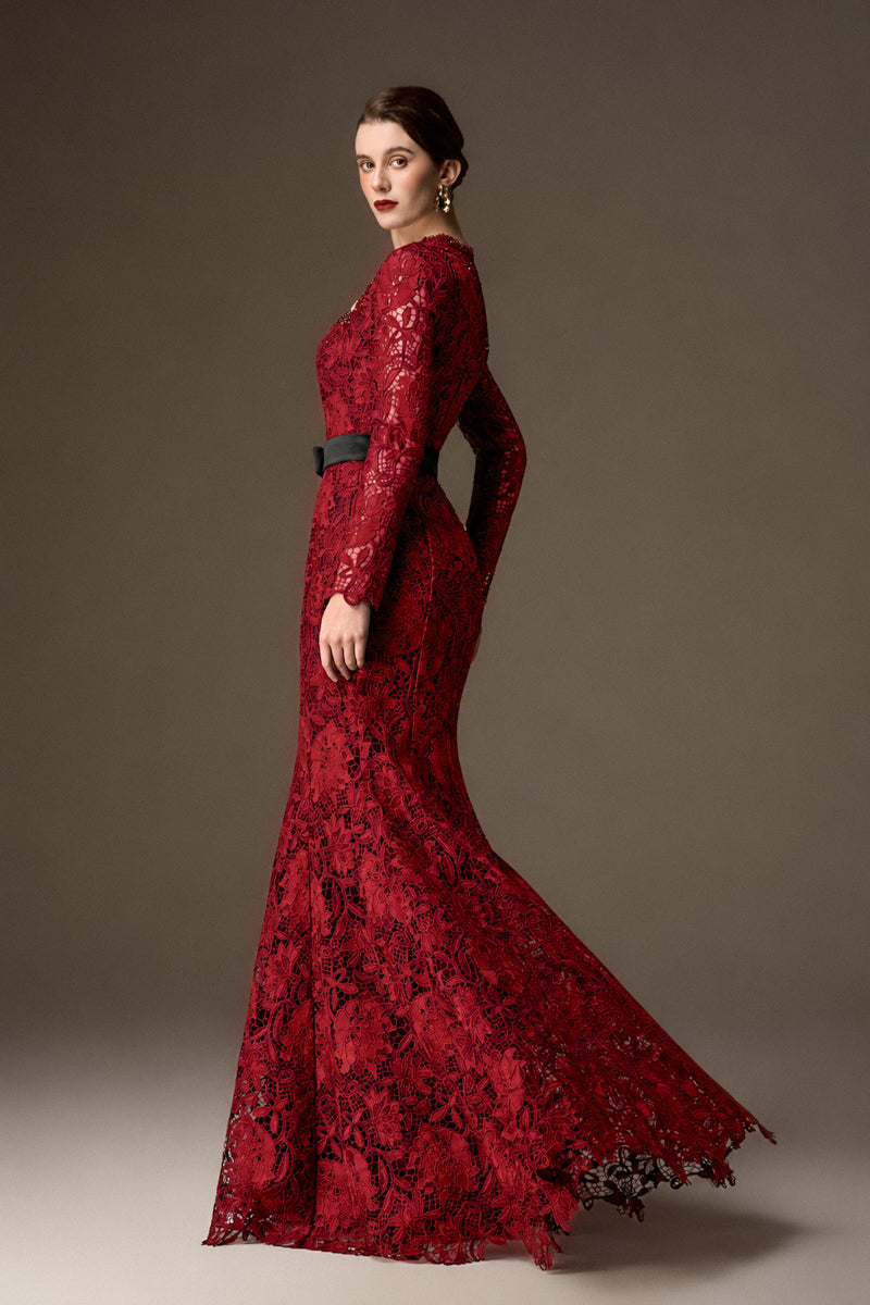 Trapeze Neck Mermaid Gown With Waist Belt In Cocoa Dark Red Lily Floral Lace