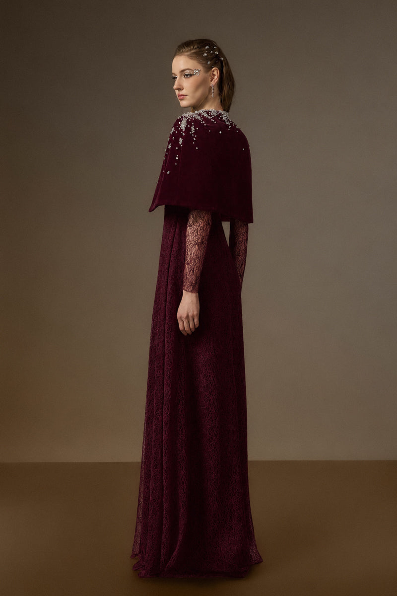 Round Neck A-Line Gown With Mini Cape In Dark Red Vine Guipure Lace & Lyon Velvet