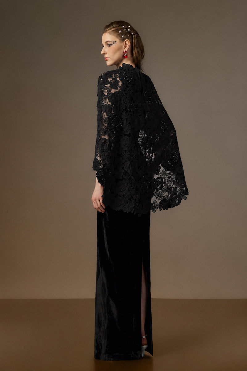 V Neck Column Gown With Mullet Cape In Black Velvet An Black Floral Garden Mesh Lace