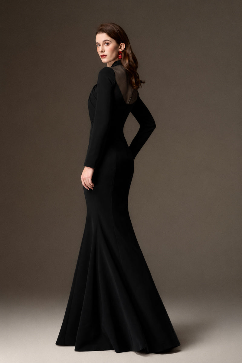 Round Neck Mermaid Gown With Draped Details In Black Crepe