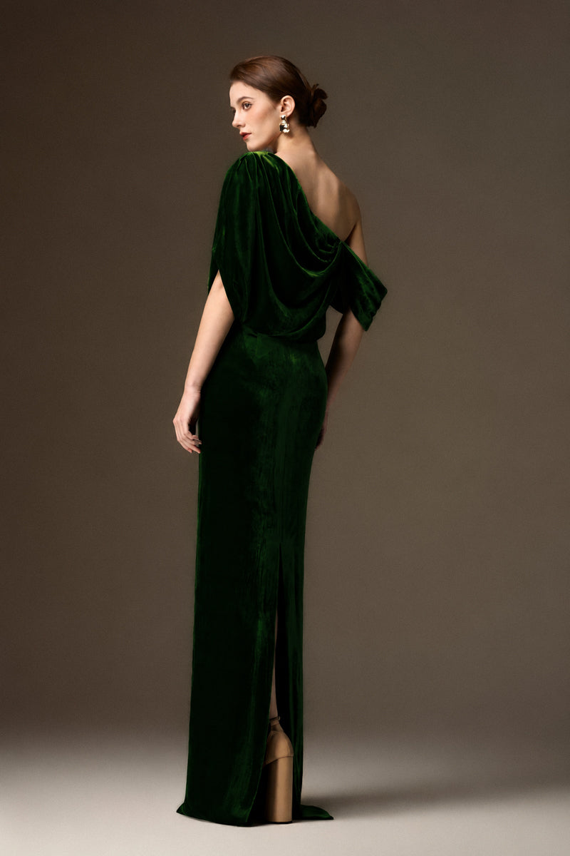 Asymmetric One Shoulder Column Gown With Draped Details In Green Velvet