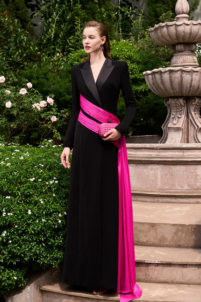 A-Line Evening Gown With Peak Lapel Collar And Side Wrapped Ribbon