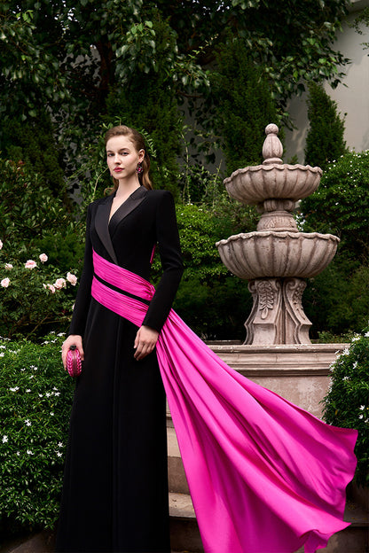 A-Line Evening Gown With Peak Lapel Collar And Side Wrapped Ribbon