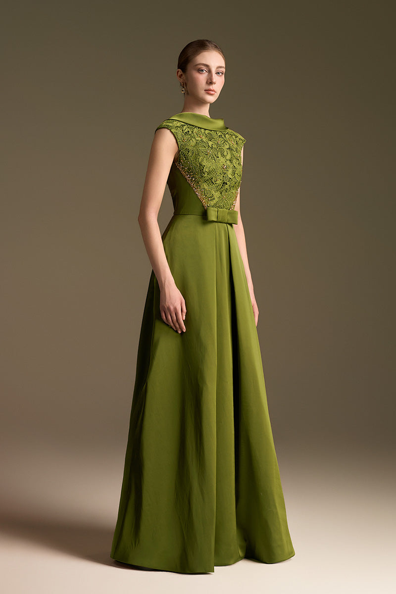 A-Line Dress With De-Constructed Collar In Agate Silk And Guipure Lace