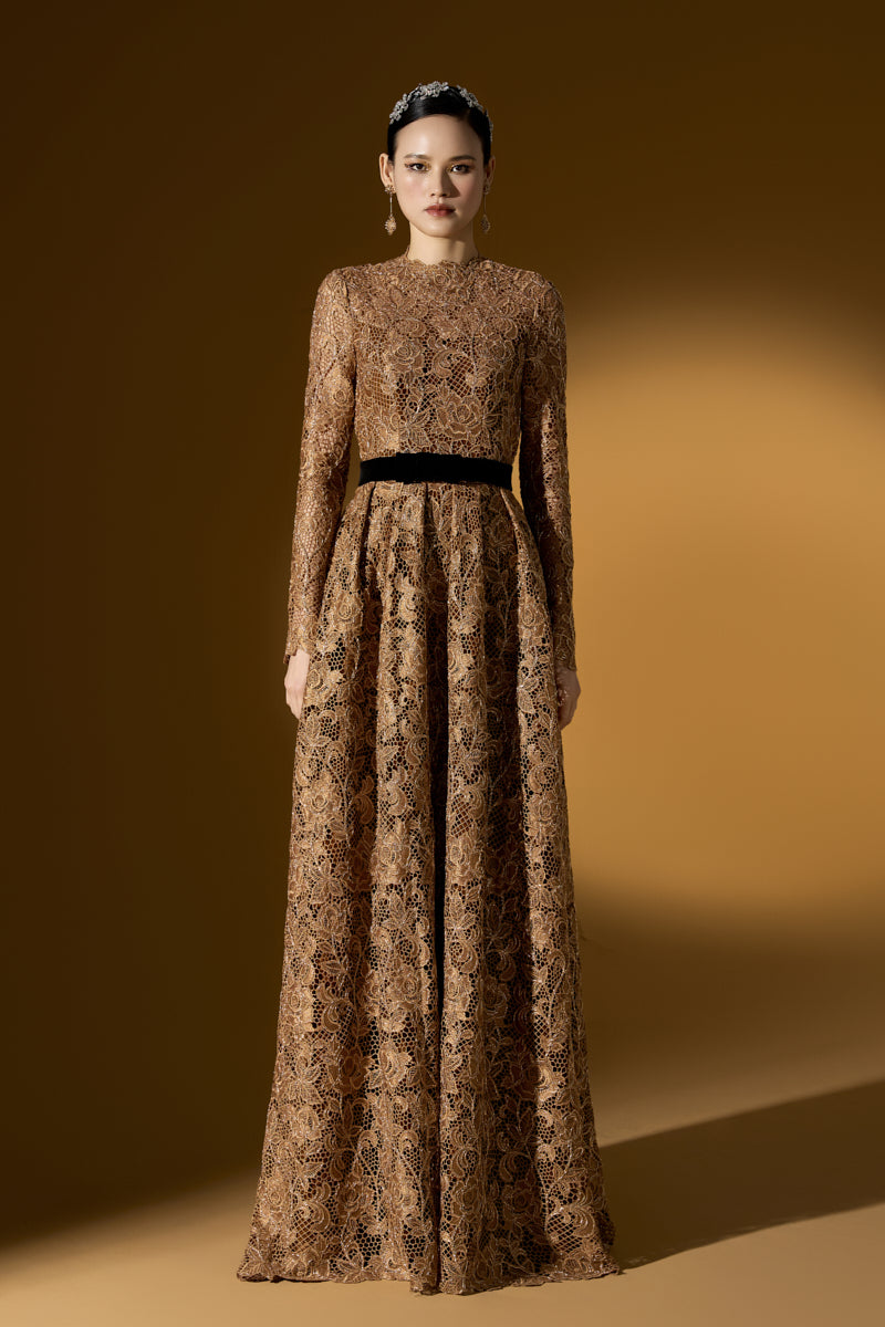 A-Line Round Neck Gown With Long Sleeves