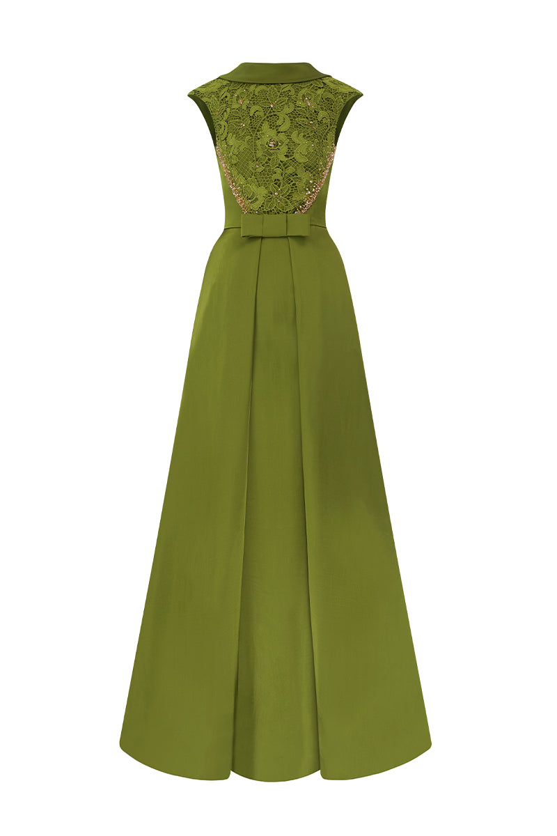 A-Line Dress With De-Constructed Collar In Agate Silk And Guipure Lace