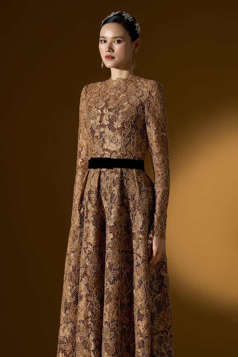 A-Line Round Neck Gown With Long Sleeves