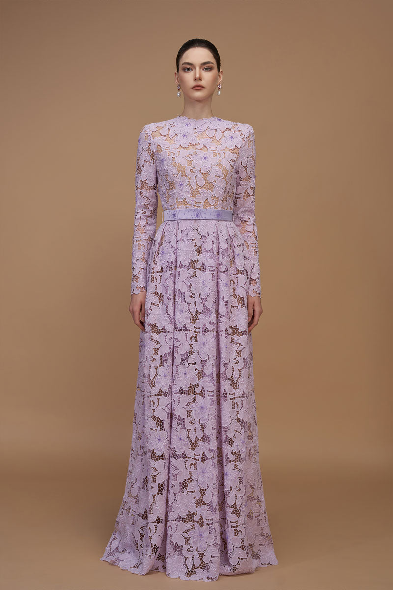 A-Line Round Neck Gown With Long Sleeves In Light Purple Tulip Guipure Lace