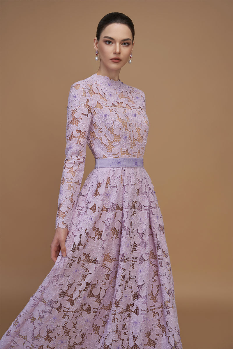 A-Line Round Neck Gown With Long Sleeves In Light Purple Tulip Guipure Lace