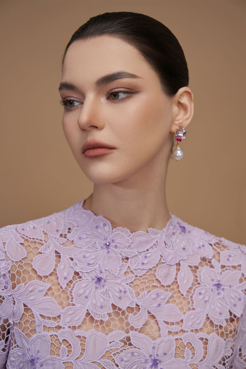 A-Line Round Neck Gown With Long Sleeves In Light Purple Tulip Guipure Lace
