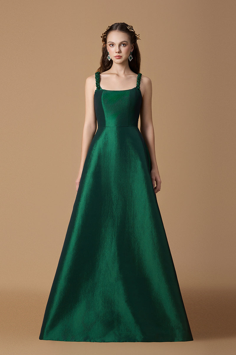 A-line Gown With Hand-Braided Strap In Dark Green Taffeta
