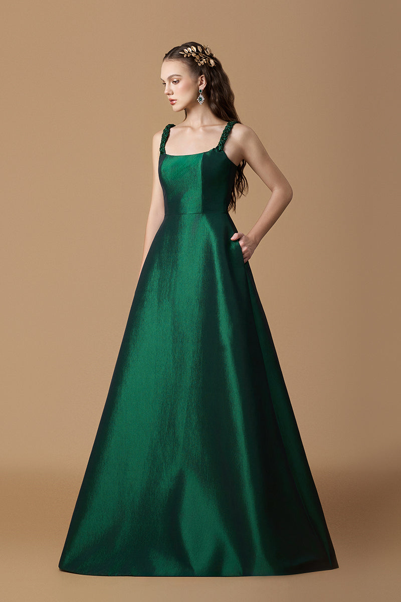 A-line Gown With Hand-Braided Strap In Dark Green Taffeta