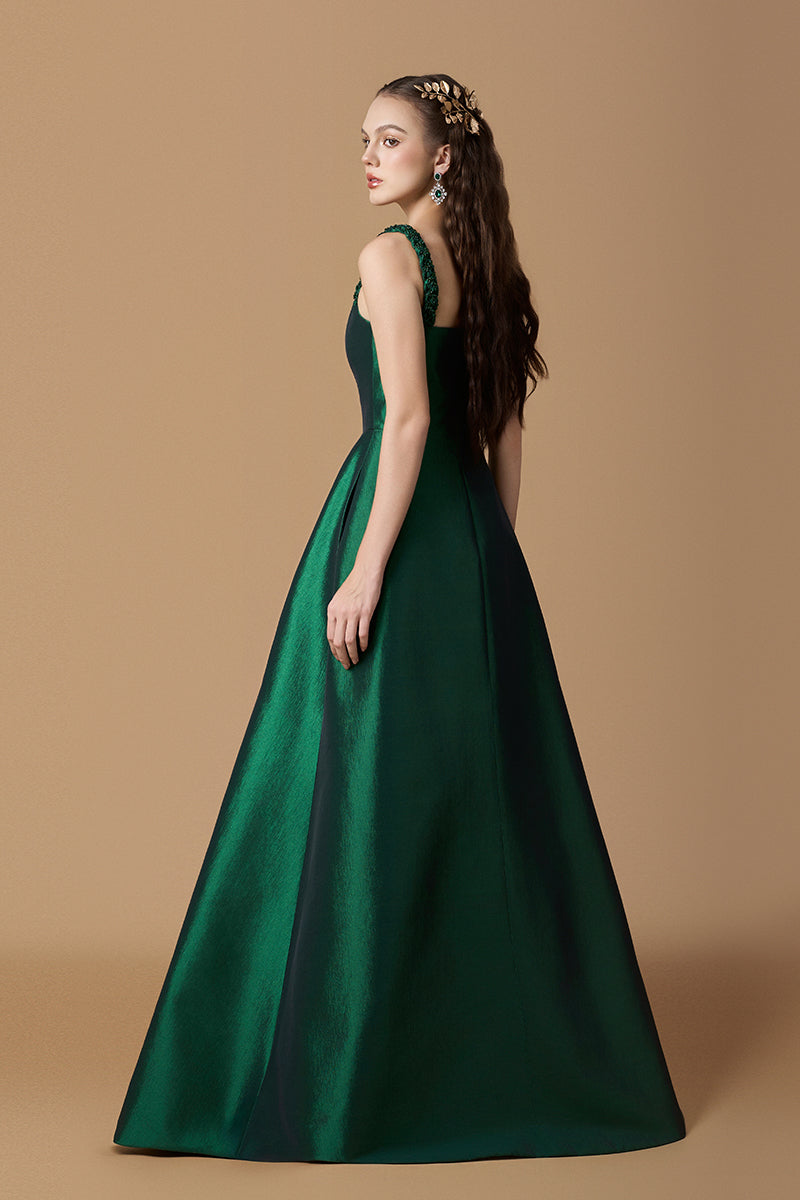 A-line Gown With Hand-Braided Strap In Dark Green Taffeta