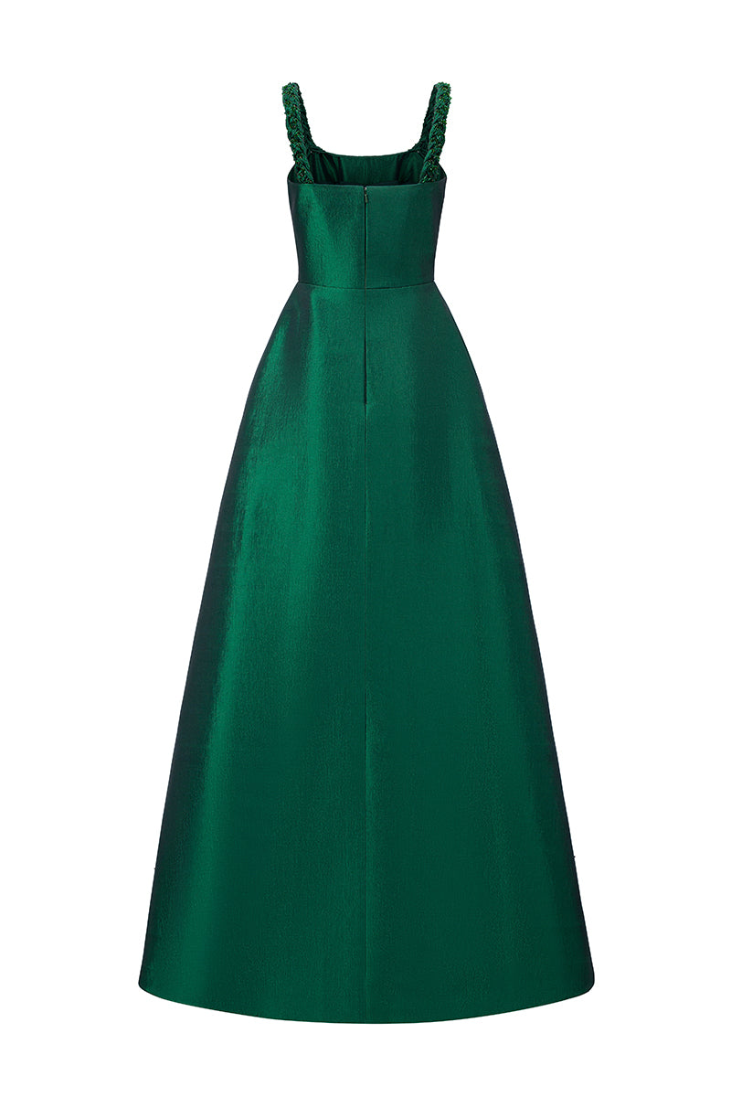 A-line Gown With Hand-Braided Strap In Dark Green Taffeta