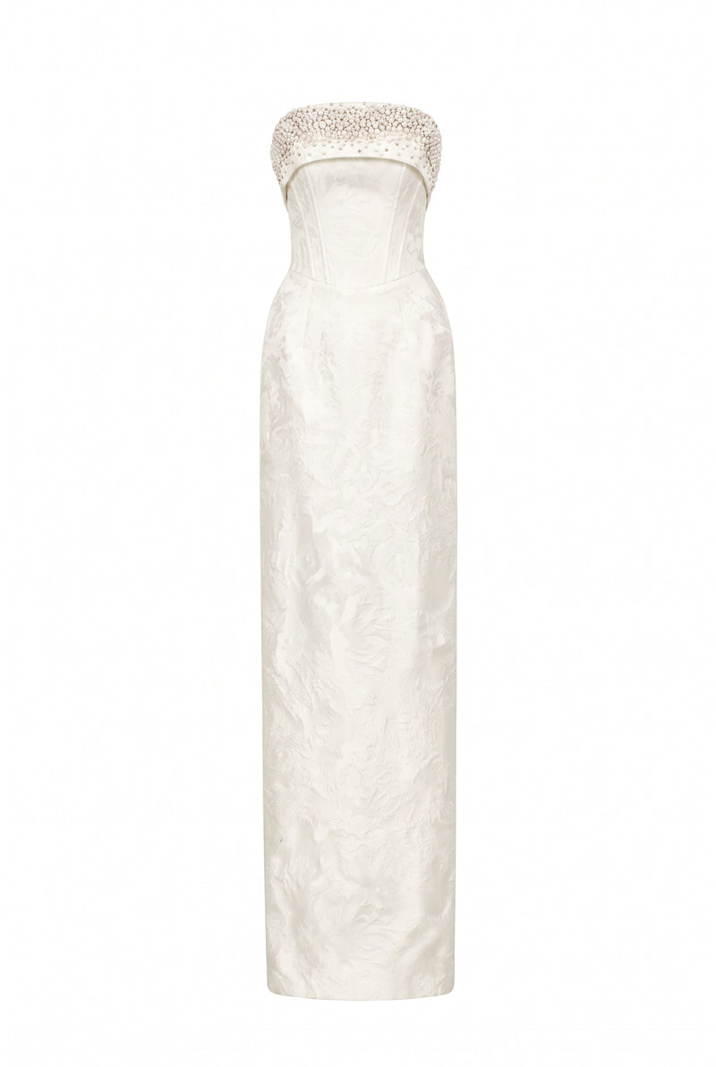 Strapless Ballgown In White Rose Design Brocade