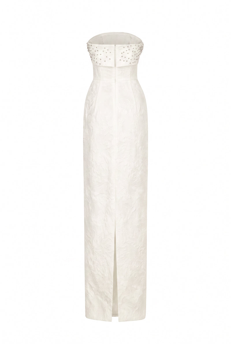 Strapless Ballgown In White Rose Design Brocade