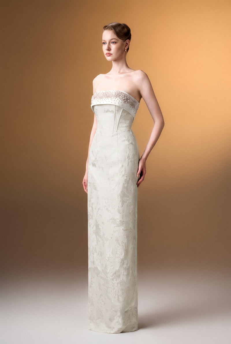 Strapless Ballgown In White Rose Design Brocade