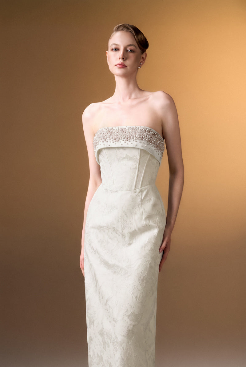 Strapless Ballgown In White Rose Design Brocade