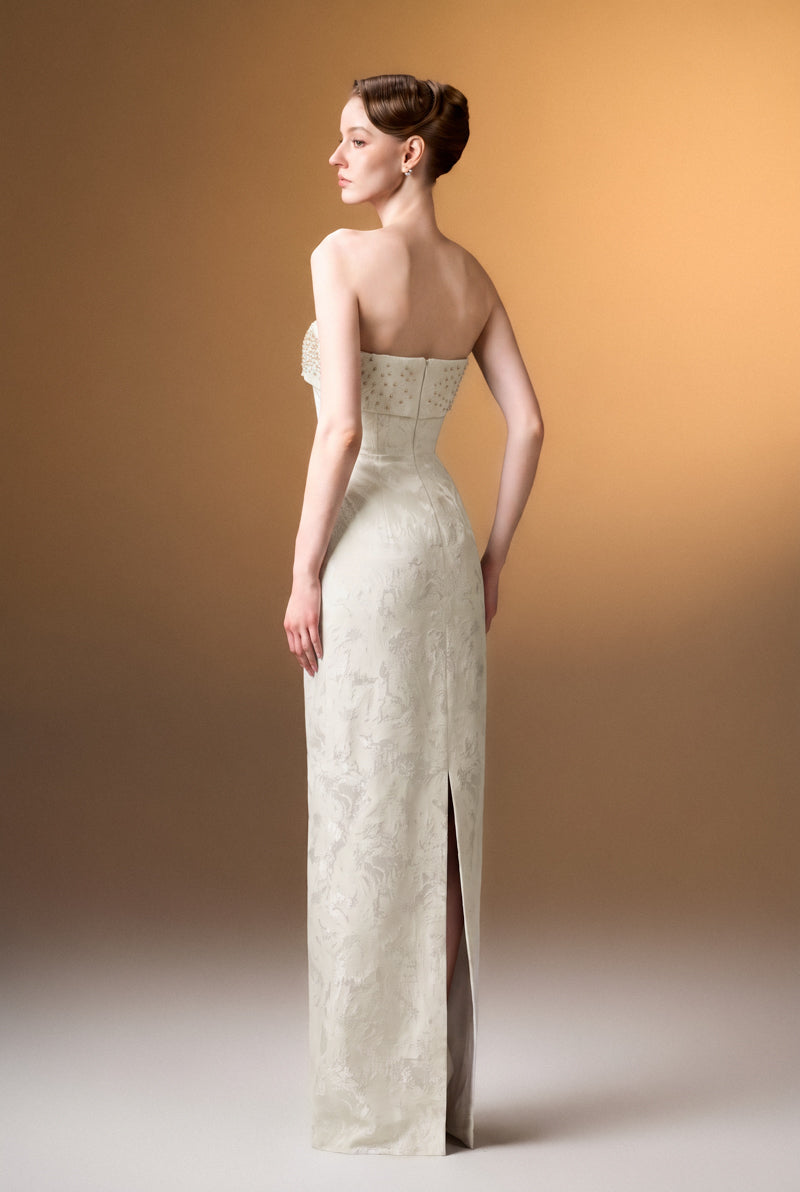 Strapless Ballgown In White Rose Design Brocade