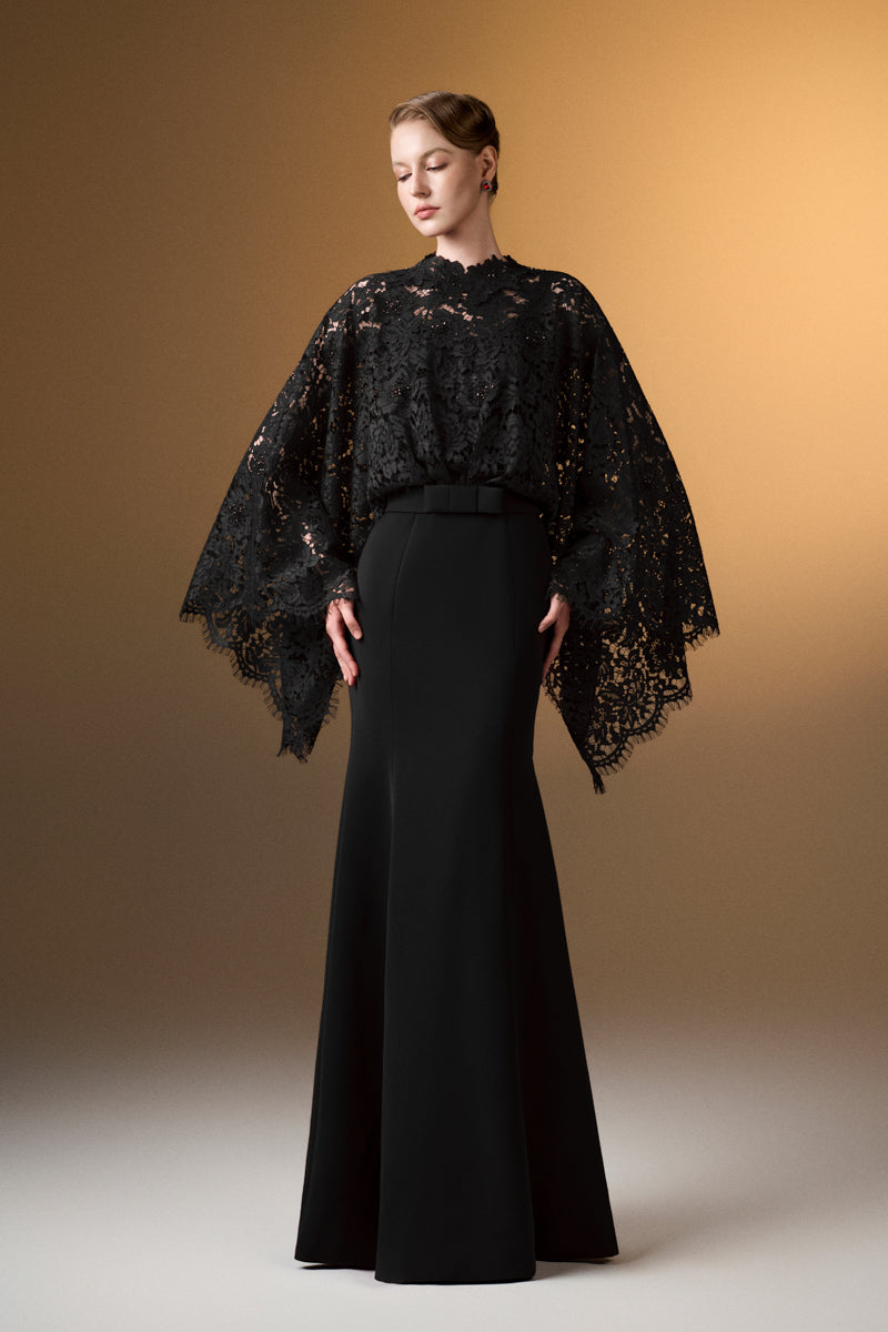 Round Neck Mermaid Gown With Kimono Sleeves In Black Crepe And French Lace